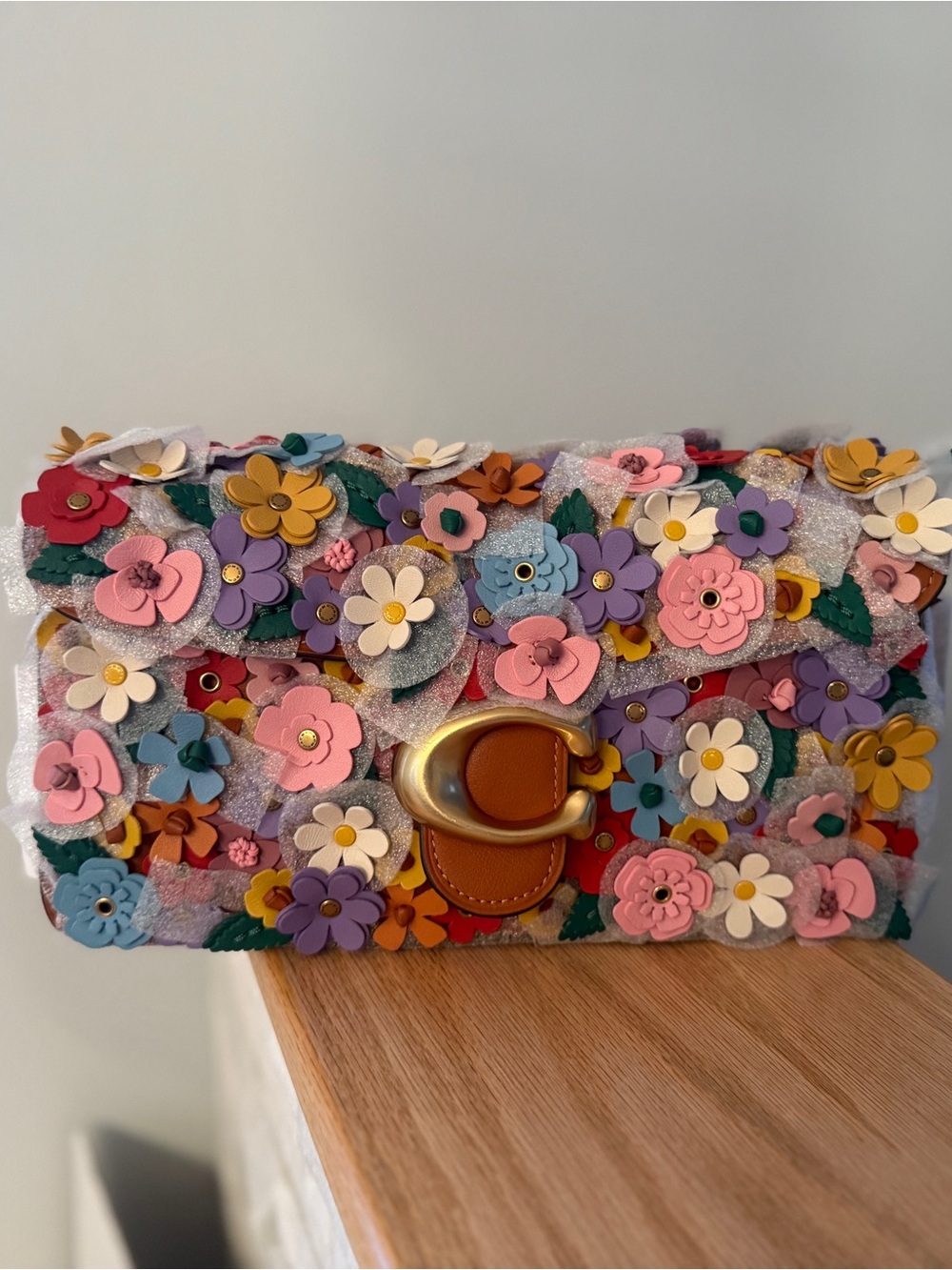 Floral Appliqué Leather Clutch - Multicolor